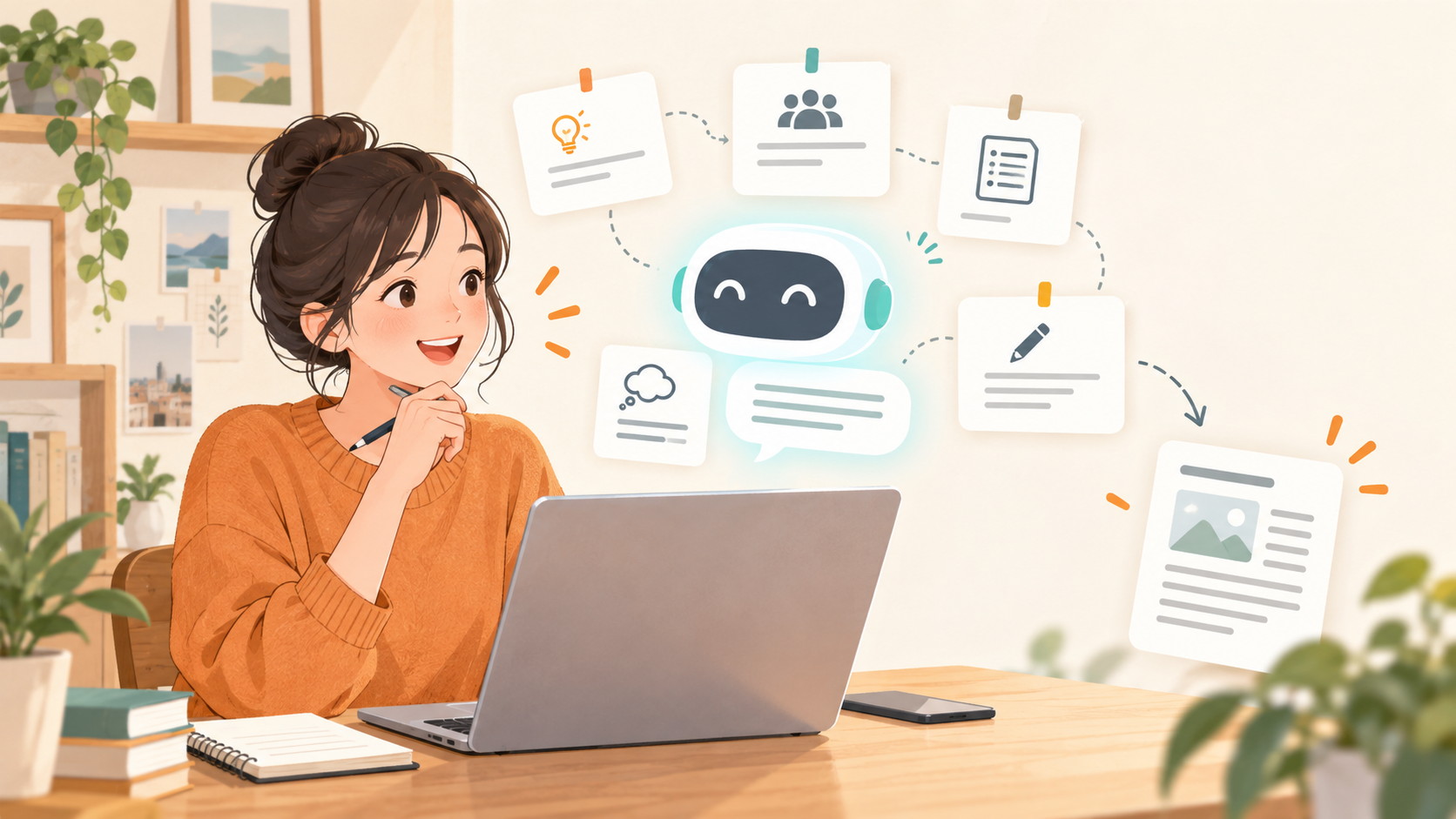 ChatGPTを使ってブログ記事のアイデアと構成を整理する初心者ブロガーのイラスト