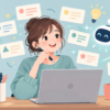 ChatGPTとブログのタイトル案を考えるイラスト