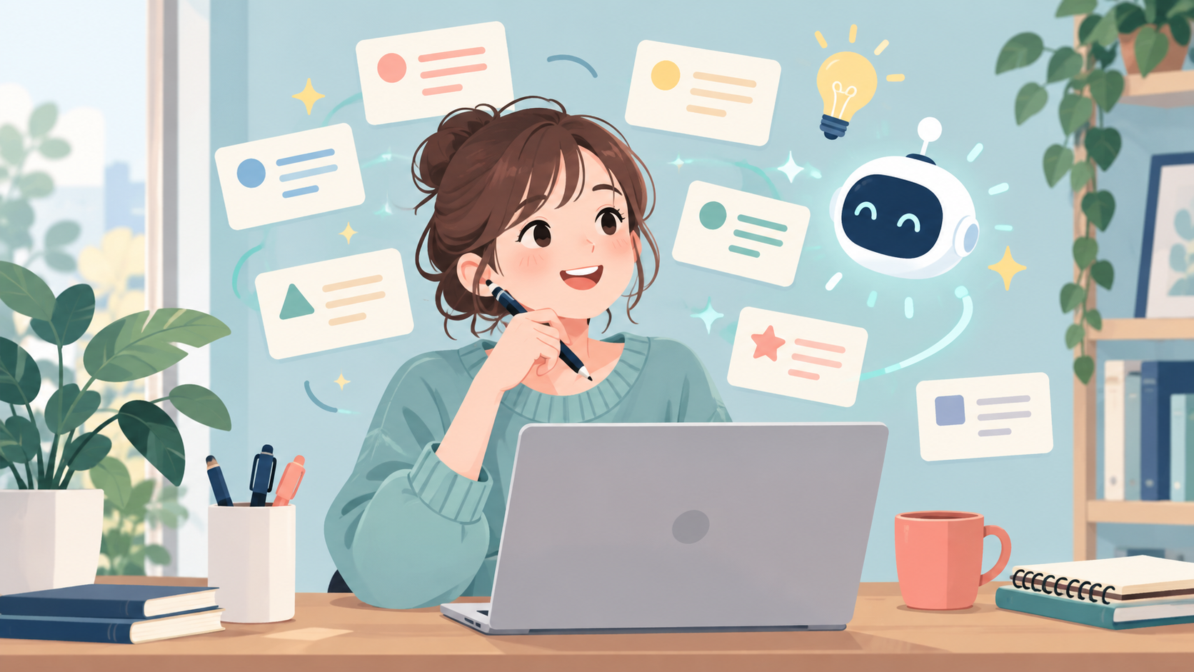 ChatGPTとブログのタイトル案を考えるイラスト